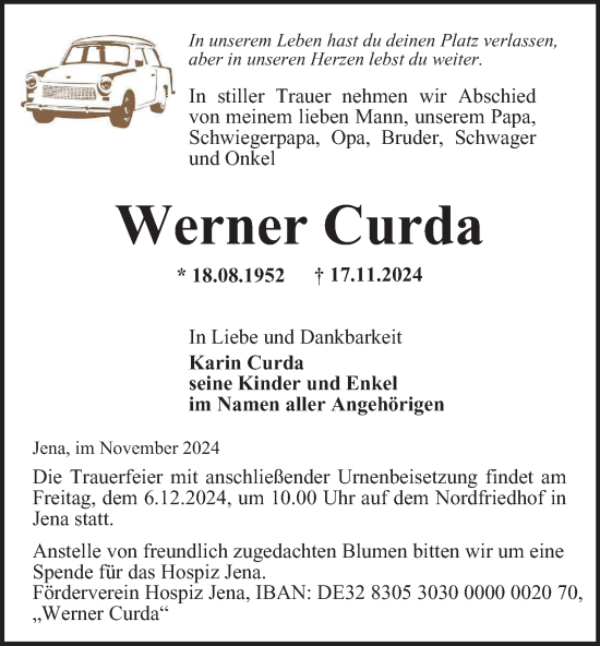 Traueranzeige von Werner Curda von Ostthüringer Zeitung, Thüringische Landeszeitung