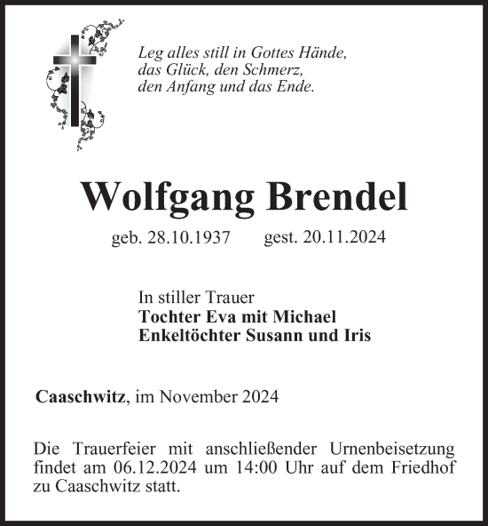 Traueranzeige von Wolfgang Brendel von Ostthüringer Zeitung