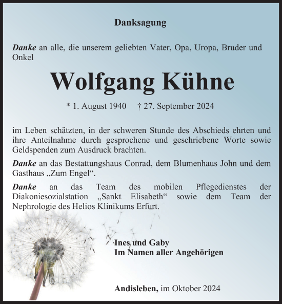 Traueranzeige von Wolfgang  Kühne von Thüringer Allgemeine, Thüringische Landeszeitung