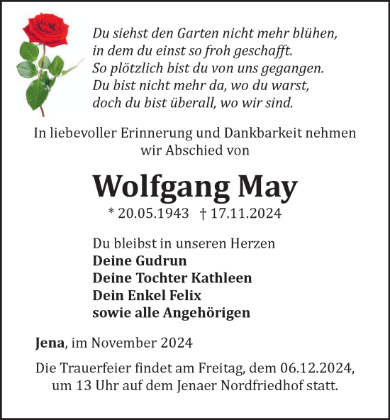 Traueranzeige von Wolfgang May von Ostthüringer Zeitung, Thüringische Landeszeitung