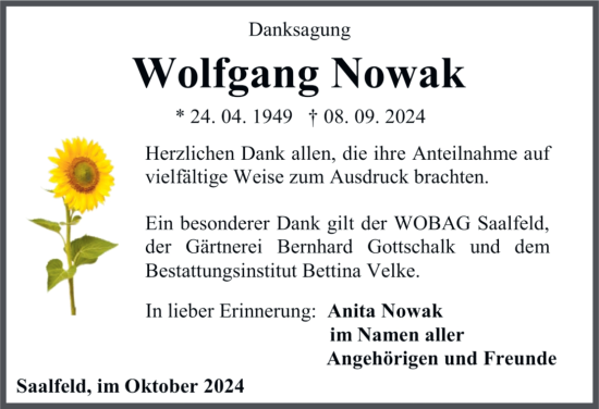 Traueranzeige von Wolfgang Nowak von Ostthüringer Zeitung