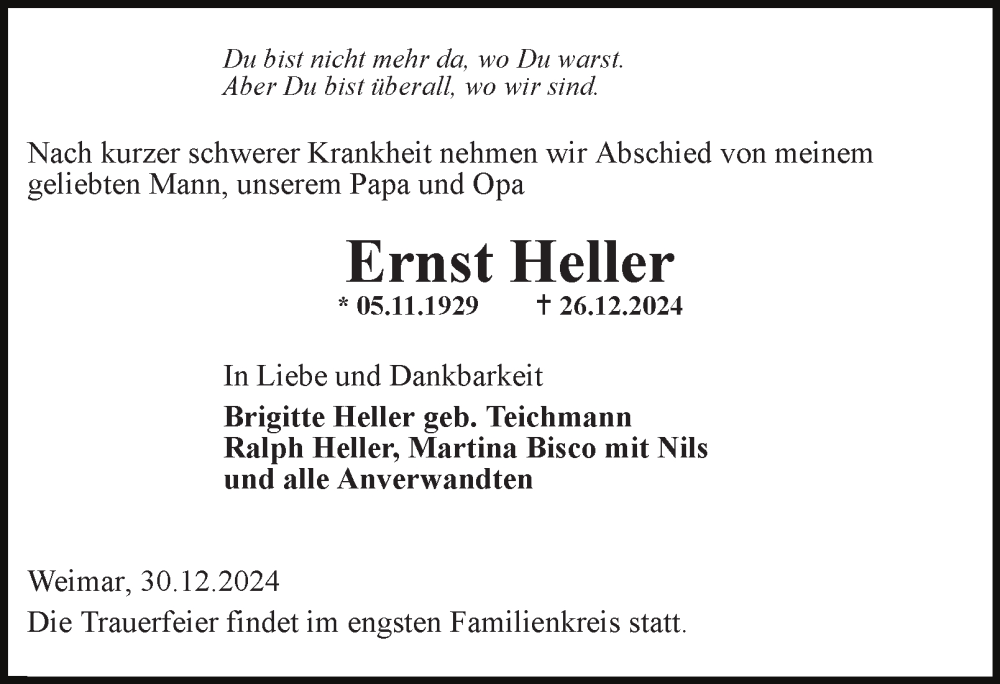  Traueranzeige für Ernst Heller vom 30.12.2024 aus Thüringer Allgemeine, Thüringische Landeszeitung