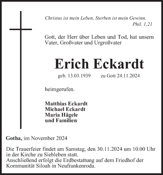 Traueranzeige von Erich Eckardt von Thüringer Allgemeine, Thüringische Landeszeitung