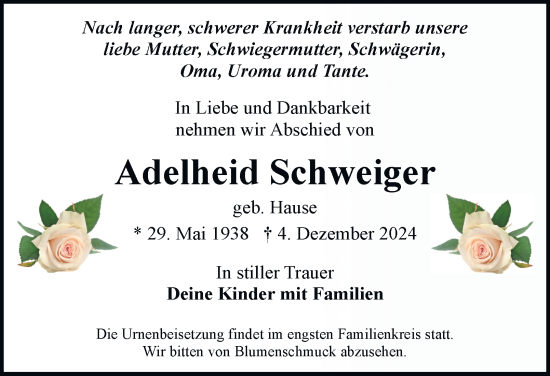 Traueranzeige von Adelheid Schweiger von Thüringer Allgemeine, Thüringische Landeszeitung