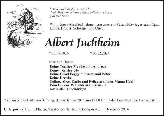 Traueranzeige von Albert Juchheim von Thüringer Allgemeine