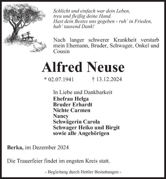 Traueranzeige von Alfred Neuse von Thüringer Allgemeine