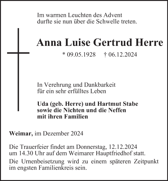 Traueranzeige von Anna Luise Gertrud Herre von Thüringer Allgemeine, Thüringische Landeszeitung