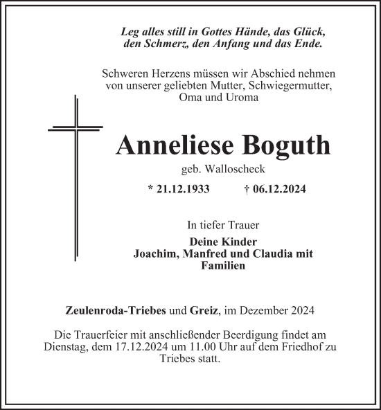 Traueranzeige von Anneliese Boguth von Ostthüringer Zeitung