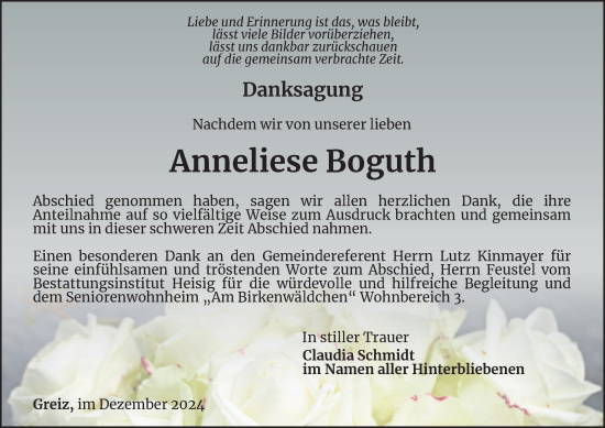 Traueranzeige von Anneliese Boguth von Ostthüringer Zeitung