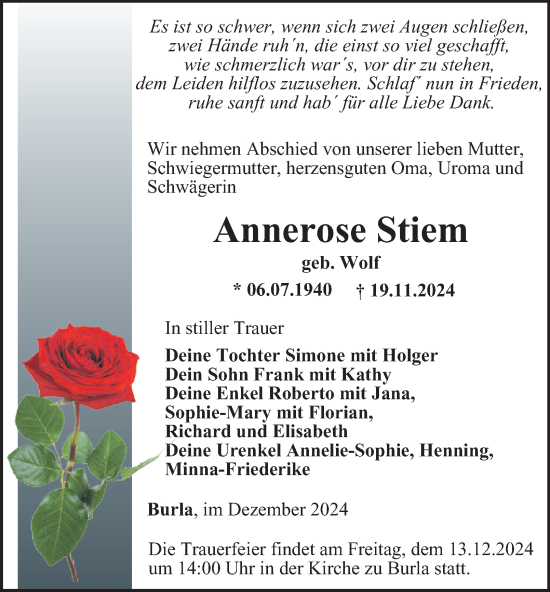 Traueranzeige von Annerose Stiem von Thüringer Allgemeine, Thüringische Landeszeitung