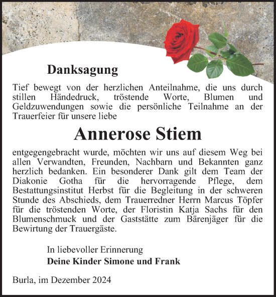 Traueranzeige von Annerose Stiem von Thüringer Allgemeine, Thüringische Landeszeitung