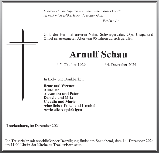 Traueranzeige von Arnulf Schau von Ostthüringer Zeitung