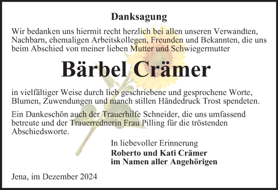 Traueranzeige von Bärbel Crämer von Ostthüringer Zeitung