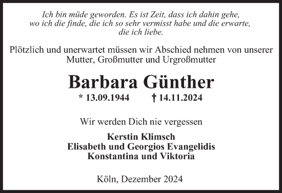 Traueranzeige von Barbara Günther von Thüringer Allgemeine, Thüringische Landeszeitung