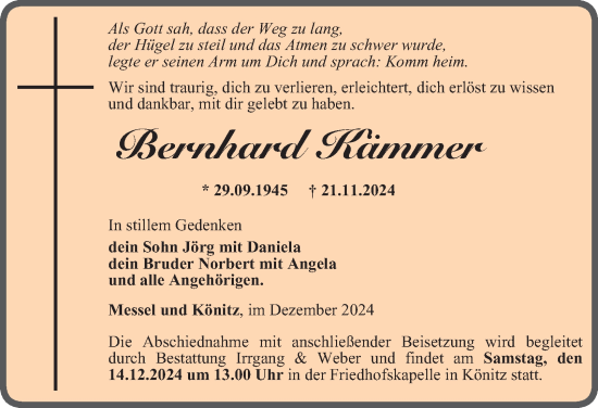 Traueranzeige von Bernhard Kämmer von Ostthüringer Zeitung