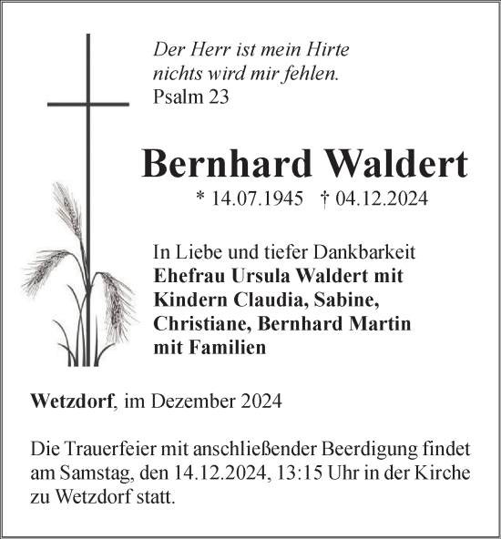 Traueranzeige von Bernhard Waldert von Ostthüringer Zeitung