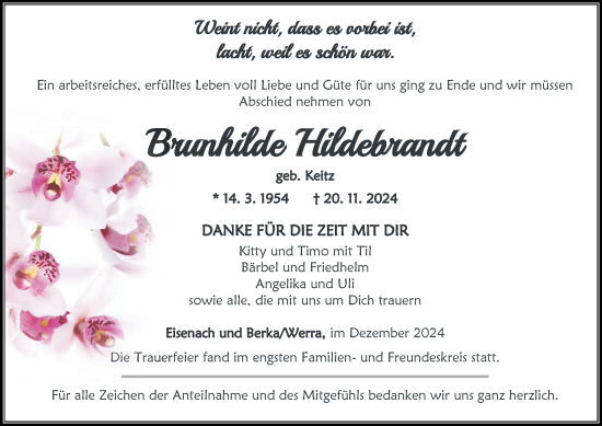 Traueranzeige von Brunhilde Hildebrandt von Thüringer Allgemeine, Thüringische Landeszeitung
