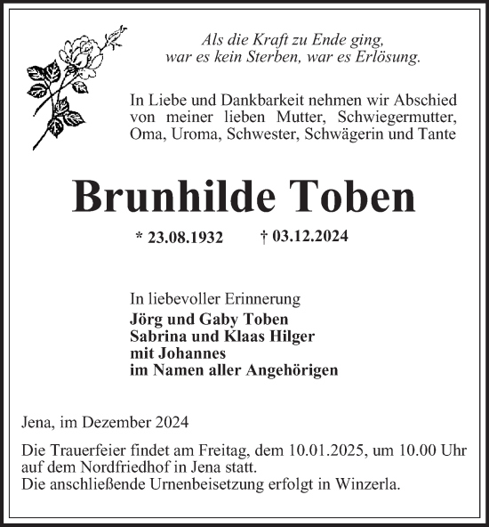 Traueranzeige von Brunhilde Toben von Ostthüringer Zeitung, Thüringische Landeszeitung