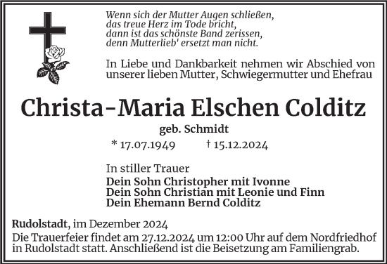 Traueranzeige von Christa-Maria Elschen Colditz von Ostthüringer Zeitung