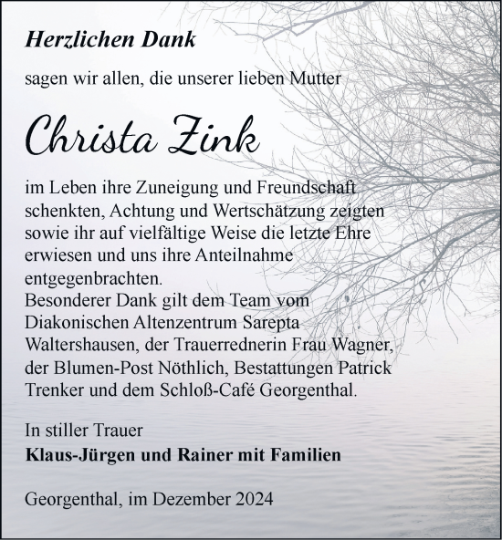 Traueranzeige von Christa Zink von Thüringer Allgemeine, Thüringische Landeszeitung