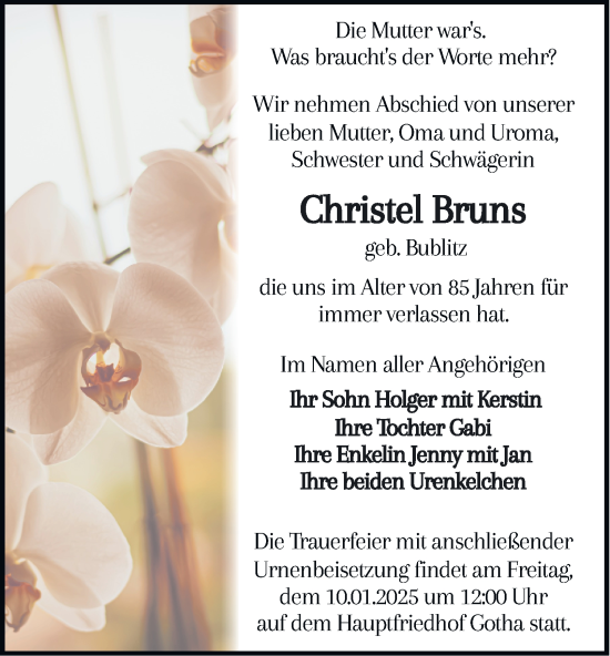 Traueranzeige von Christel Bruns von Thüringer Allgemeine, Thüringische Landeszeitung