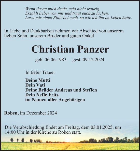 Traueranzeige von Christian Panzer