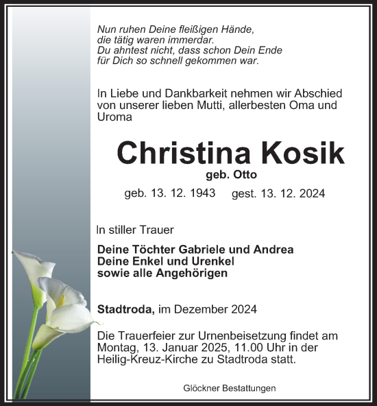 Traueranzeige von Christina Kosik von Ostthüringer Zeitung