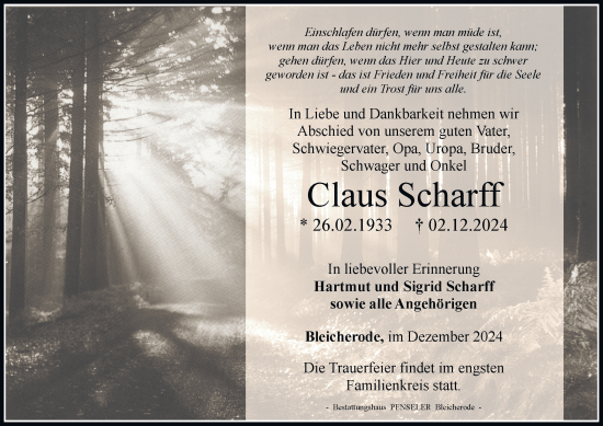 Traueranzeige von Claus Scharff von Thüringer Allgemeine