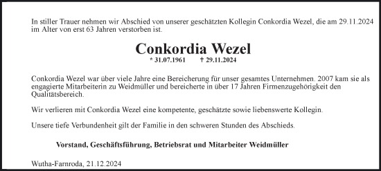 Traueranzeige von Conkordia Wezel von Thüringer Allgemeine, Thüringische Landeszeitung