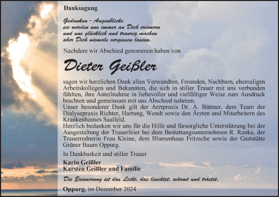 Traueranzeige von Dieter Geißler von Ostthüringer Zeitung