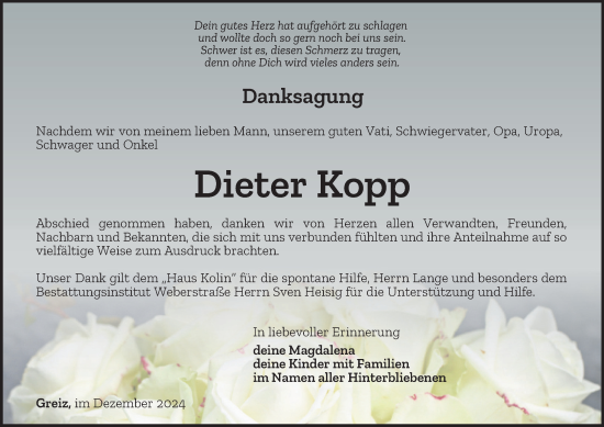 Traueranzeige von Dieter Kopp von Ostthüringer Zeitung