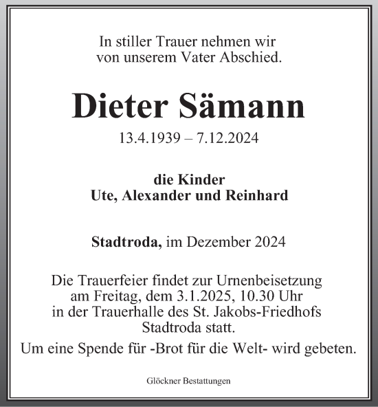 Traueranzeige von Dieter Sämann von Ostthüringer Zeitung