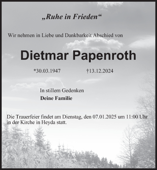 Traueranzeige von Dietmar Papenroth von Thüringer Allgemeine