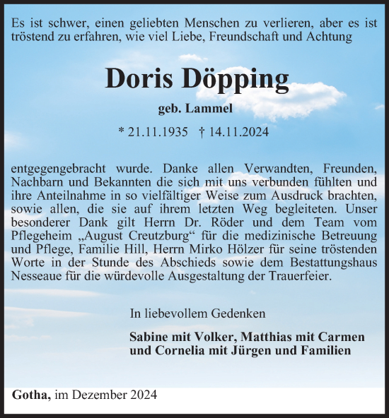 Traueranzeige von Doris Döpping von Thüringer Allgemeine, Thüringische Landeszeitung