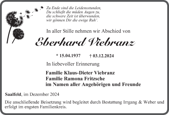 Traueranzeige von Eberhard Viebranz von Ostthüringer Zeitung