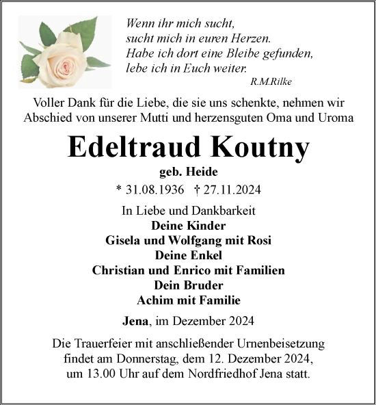 Traueranzeige von Edeltraud Koutny von Ostthüringer Zeitung, Thüringische Landeszeitung