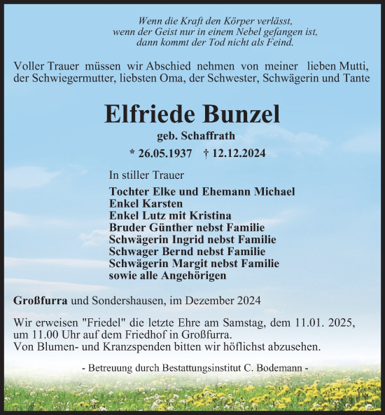 Traueranzeige von Elfriede Bunzel von Thüringer Allgemeine