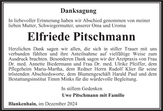 Traueranzeige von Elfriede Pitschmann von Thüringer Allgemeine, Thüringische Landeszeitung