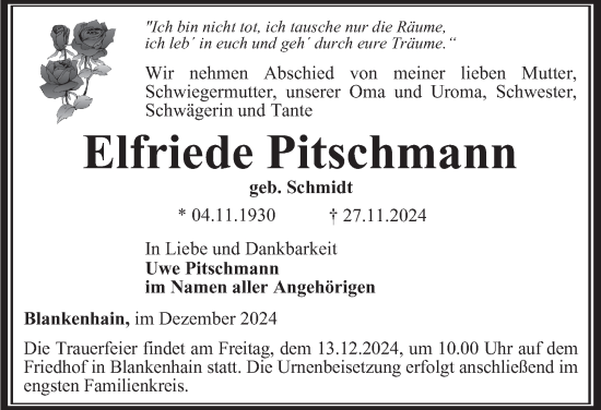 Traueranzeige von Elfriede Pitschmann von Thüringer Allgemeine, Thüringische Landeszeitung