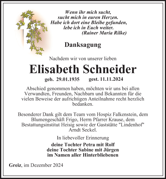 Traueranzeige von Elisabeth Schneider von Ostthüringer Zeitung