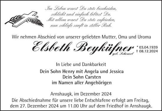 Traueranzeige von Elsbeth Beyküfner von Ostthüringer Zeitung