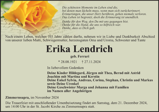 Traueranzeige von Erika Lendrich von Thüringer Allgemeine, Thüringische Landeszeitung