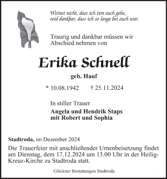 Traueranzeige von Erika Schnell von Ostthüringer Zeitung