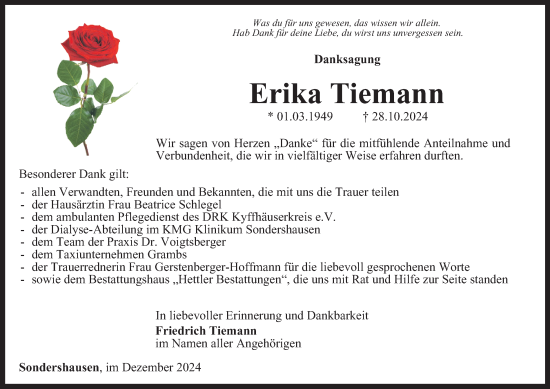 Traueranzeige von Erika Tiemann von Thüringer Allgemeine