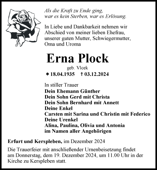 Traueranzeige von Erna Plock von Thüringer Allgemeine, Thüringische Landeszeitung