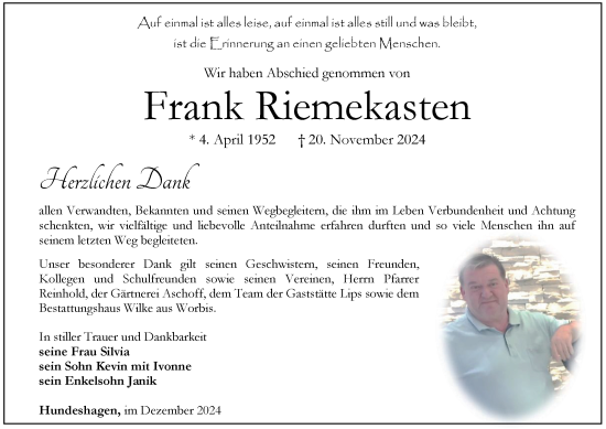 Traueranzeige von Frank Riemekasten von Thüringer Allgemeine