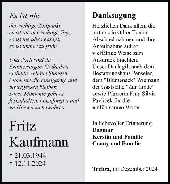 Traueranzeige von Fritz Kaufmann von Thüringer Allgemeine