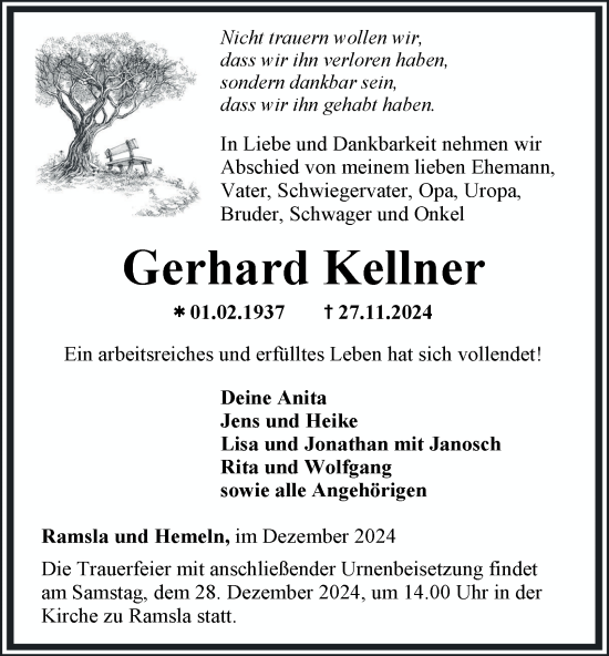 Traueranzeige von Gerhard Kellner von Thüringer Allgemeine, Thüringische Landeszeitung