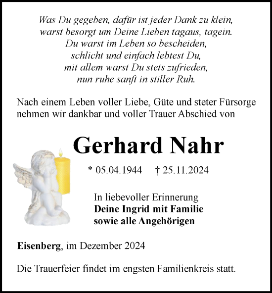 Traueranzeige von Gerhard Nahr von Ostthüringer Zeitung