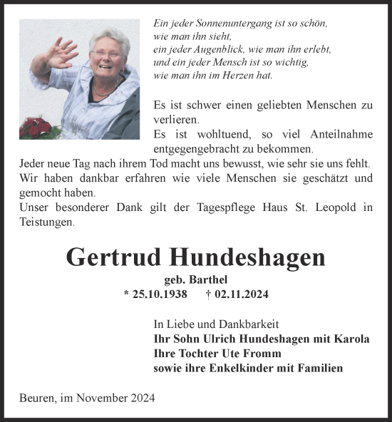 Traueranzeige von Gertrud Hundeshagen von Thüringer Allgemeine